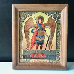 St Michael | Lithography Print In Wooden Frame Covered With Glass | Size: 16 X 13 X 2 Cm (6" X 5")
