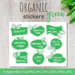 Organic green stickers. Natural food labels set. Eco stamps