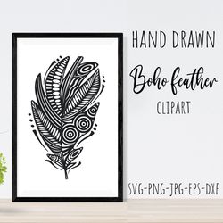 Boho Feather Silhouette. Hand drawn feather clipart - SVG