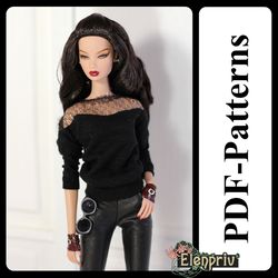 pdf pattern pullover for 11 1/2 fashion royalty, fr2, pivotal, repro, made-to-move, silkstone barbie doll