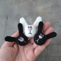 Cute white and black bunny animal brooch for women Needle felted wool hare pin Handmade animal jewelry