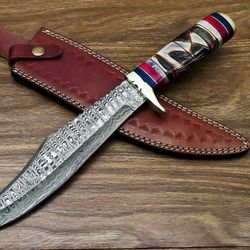 Damascus Steel Hunting Bowie Knife With Handmade Cow Leather Sheath