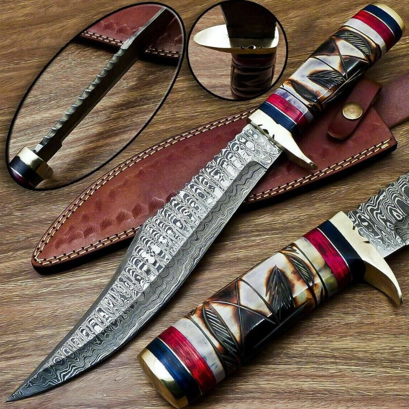 Custom Made Damascus Steel Hunting BOWIE Knife With Handmade Cow Leather Sheathjpg