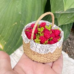 Doll miniature basket with raspberries for playing with dolls, dollhouse, scale 1:6, polymer plastic