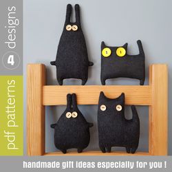 Halloween Dolls sewing Patterns PDF 2 black cats and 2 Black rabbits , set of 4 tutorials PDF