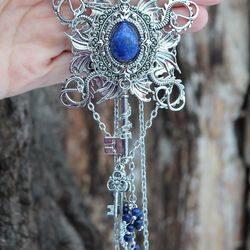 Handmade Unique Lapis Lazuli Fantasy Dragon Vintage Big Key Necklace