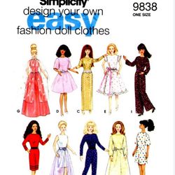 Digital Vintage Sewing Patterns Simplicity 9838 Clothes for Barbie and Fashion Dolls 11 1\2 inches