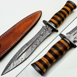 14" Handmade Damascus Steel Fixed Blade Hunting Dagger Knife Leather Roll Handle