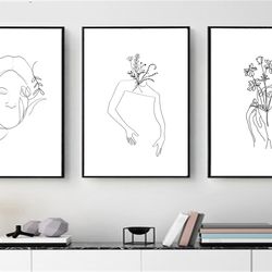 Minimalist Print Feminine Line Art Women Poster Woman Line Drawing Three Wall Art Set of 3 Prints Instant Download