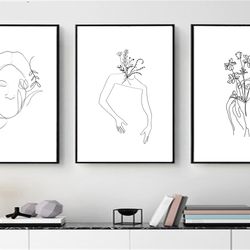 minimalist print feminine line art women poster woman line drawing three wall art set of 3 prints instant download