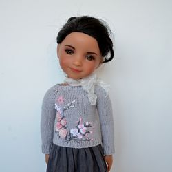 Ruby Red doll gray knit sweater, floral embroidery. Free shipping.