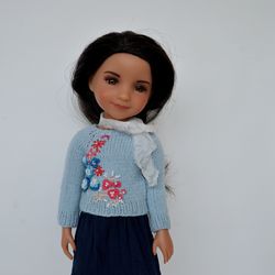 Ruby Red doll light blue knit sweater, floral embroidery. Free shipping.