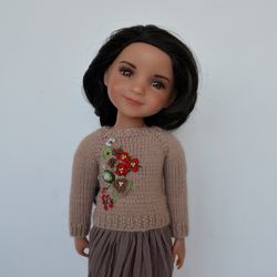 Ruby Red doll  knit sweater, floral embroidery, cotton skirt. Free shipping.