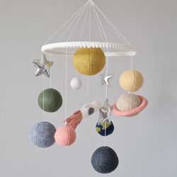 Planet solar system baby mobile, Space nursery decor Rocket stars felt toy