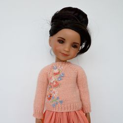 Ruby Red doll  knit sweater, floral embroidery, cotton skirt. Free shipping.