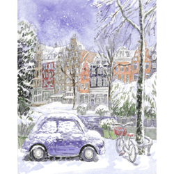 Snowy Amsterdam winter cityscape. Original watercolor painting 10x8''