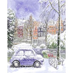 snowy amsterdam winter cityscape. original watercolor painting 10x8''