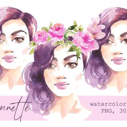 Brunette girl. Watercolor PNG clipart. Girl sublimation design