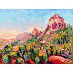 Sedona Painting Arizona Desert Original Wall Art Arizona Cactus Original Impasto Oil Painting on Canvas by 12x16 inch