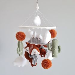 Fox baby mobile Cactus nursery decor Baby shower gift Boho pom pom nursery