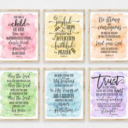 Set of 6 Nursery Bible Verse Printable Wall Art , Psalm 139, Romans 12:12, Joshua 1:9, Numbers 6:24, Scripture Christian