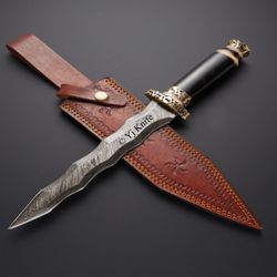 custom hand forged, damascus steel dagger 15 inch, kris blade, flamberge battle ready dagger, with sheath, gifts for him