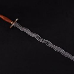 Custom Hand Forged, Damascus Steel Functional Sword 34 inches, Kris Blade, Flamberge Swords Battle Ready, With Sheath