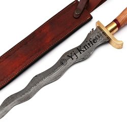 Custom Hand Forged, Damascus Steel Functional Sword 24 inches, Kris Blade, Flamberge Swords Battle Ready, With Sheath