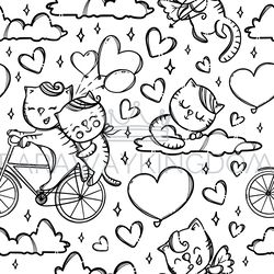 BICYCLE CATS Valentine Day Seamless Pattern Vector Illustration
