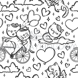 bicycle cats valentine day seamless pattern vector illustration