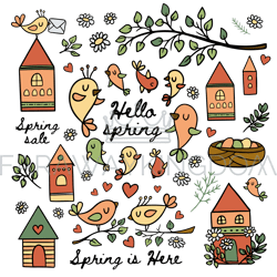 birds in spring blooming nature cartoon vector illustration set