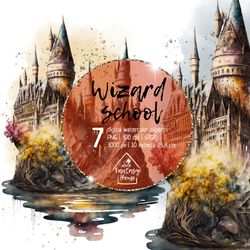 Wizard school castle watercolor digital cliparts set