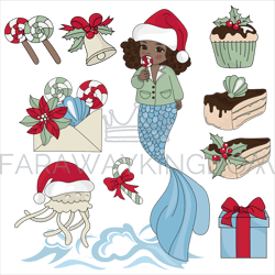black mermaid holiday cartoon new year vector illustration set