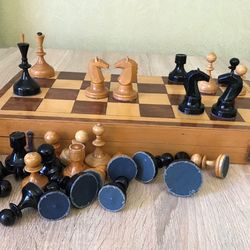 1960s vintage chess set USSR, Soviet Valdai wooden chess 1968 made, 56 years old gift