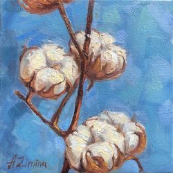 Cotton painting, small oil painting still life, original oil painting, botanical mini painting, floral art