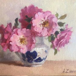 Pink roses oil painting, flower bouquet small oil painting still life, original oil painting florals