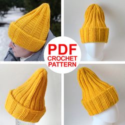 Crochet beanie hat pattern for beginners, Women wool hat step by step tutorial, How to make easy crochet ribbed hat