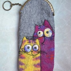 Lucky cats glasses case for women Handmade felted wool eyeglass case Girls pen case Small makeup bag Cat lover gift