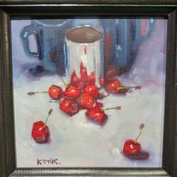 Original oil painting Mirror Still life painting Painting with cherries Painting as a gift Bright painting