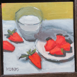 Original Oil Painting Strawberry & Milk Wall Art Still Life Bright Color Kitchen Decoration Gift to Mom