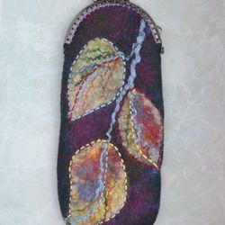 Felted glasses case with autumn leaves for women Soft sunglasses case Handmade felted wool pen case Makeup case