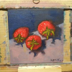 Original Oil Painting Strawberry Trio Wall Art Still Life Bright Color Kitchen Decoration Gift to Mom