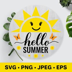 Hello summer SVG. Smiling sun. Round door sign