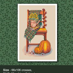 Autumn chair cross stitch pattern Cozy autumn embroidery Pumpkins PDF