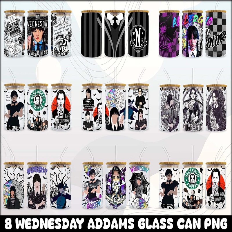 Wednesday Glass Wrap PNG, 16oz Libbey Can Glass, Full Can Wrap,Addams Sublimation Tumbler.jpg