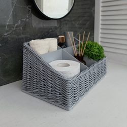 gray bathroom storage basket. wicker organizer with dividers. woven holder. desktop woven rectangular storage box hygge