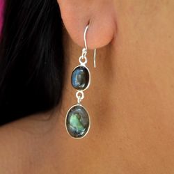 Labradorite Gemstone Women Earrings, Dangle Oval Handmade Earrings, Gift for daughter Mom her