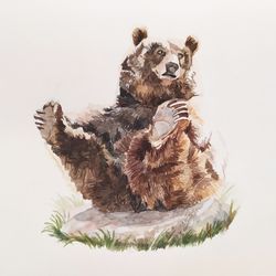 Bear Original Watercolor Painting Animal Painting Funny Bear Wall Decor by Guldar