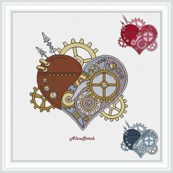 Cross stitch pattern Heart Steampunk style monochrome brown blue red valentine day lovers counted crossstitch patterns