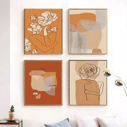 Female Line Art Line Drawing Set Of 4 Prints Rust Art Printable Art Woman Poster Abstract Art Orange Wall Art Scandi Art